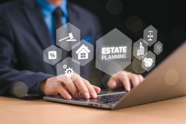 Lawyer typing on laptop with estate planning icons, illustrating differences between estate plans and life care plans